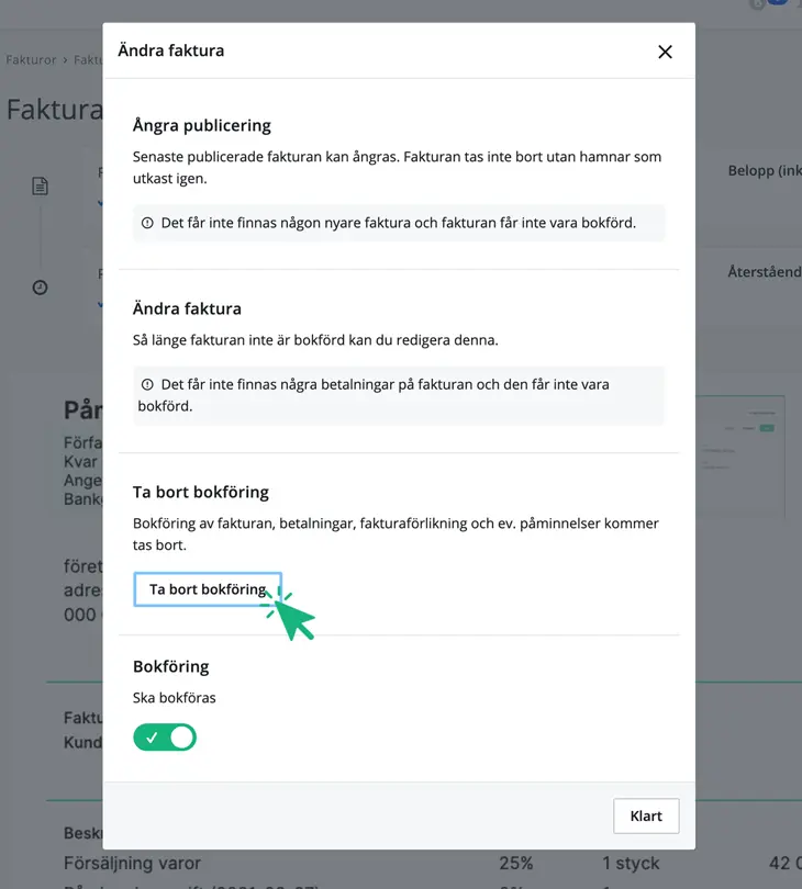 Ta bort bokföring från fakturan