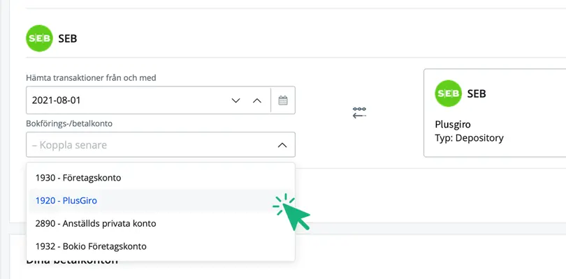 Välj det bokföringskonto du vill att transaktionerna ska bokföras på