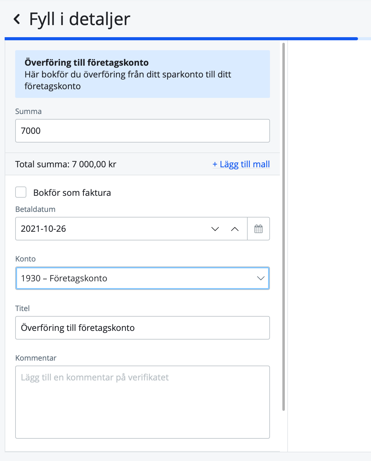 Bokföringsmallen överföring till företagskonto