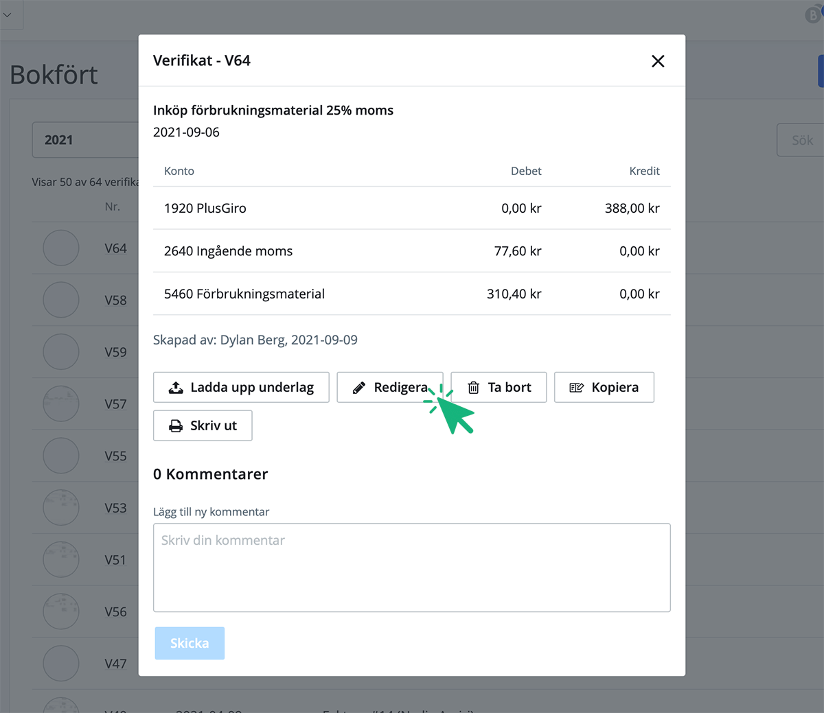 Klicka på Redigera för att redigera verifikat