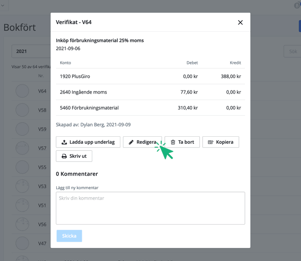 Klicka på Redigera för att redigera verifikat