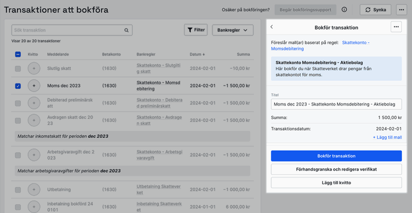 Bokför momsdebitering skattekonto