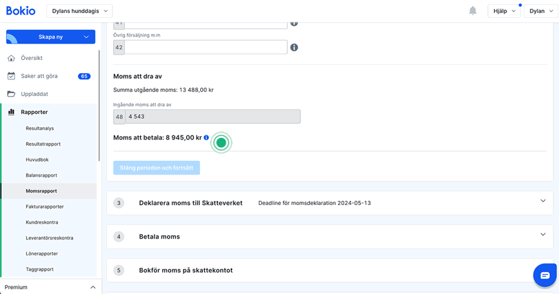Längst ner i rapporten ser du ingående och utgående moms