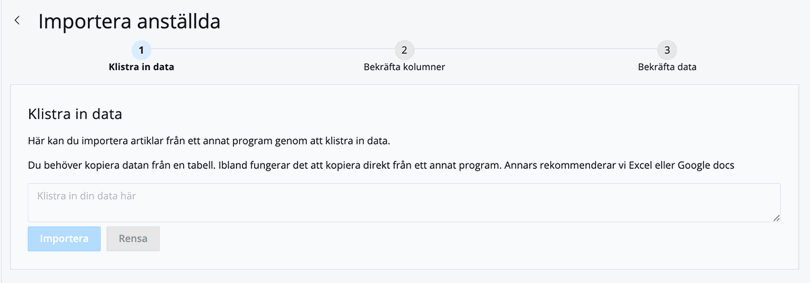 Steg 1 importera anställd, klistra in data