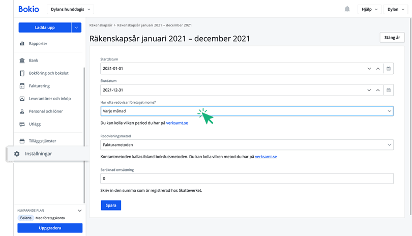 Ändra momsperiod i inställningar