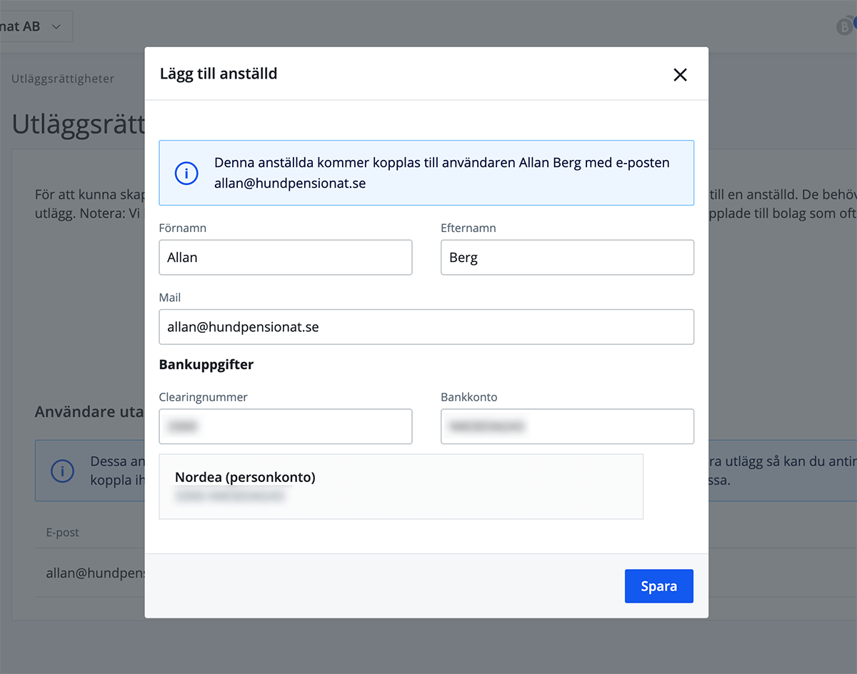 Fyll i bankuppgifter för anställd