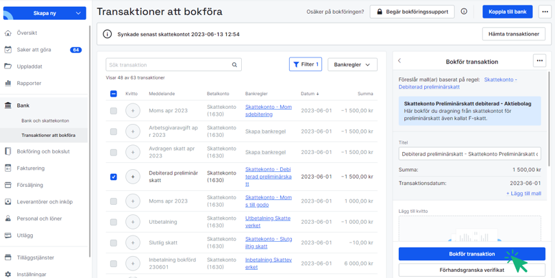 Bokför transaktion från skattekontosynk