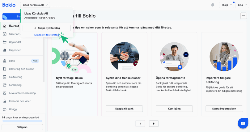 Klicka på Skapa testföretag
