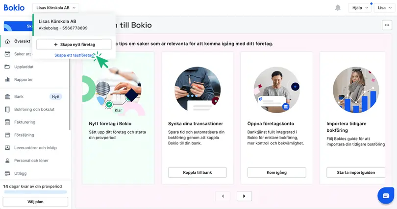 Klicka på Skapa ett testföretag