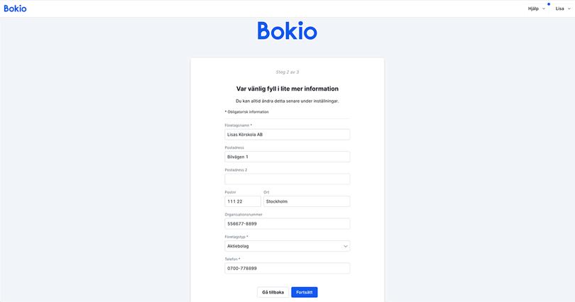 Fyll i kontaktinformation och klicka på Fortsätt