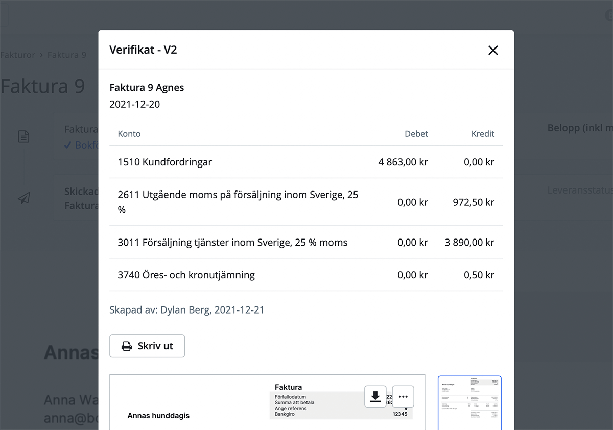 Kundfaktura bokförd som kundfordring