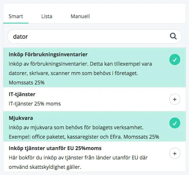 bokföringskategorier bokio