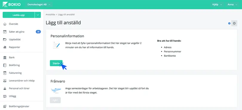 På knappen Starta går du vidare för att lägga till personalinformation