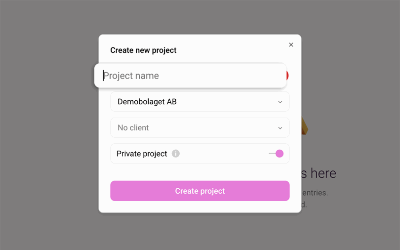 Välj projektnamn för ditt nya projekt i Toggl