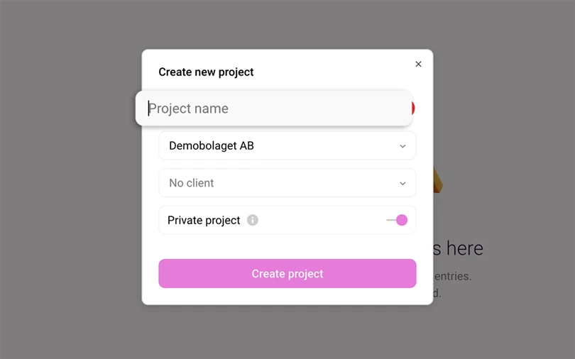 Välj projektnamn för ditt nya projekt i Toggl