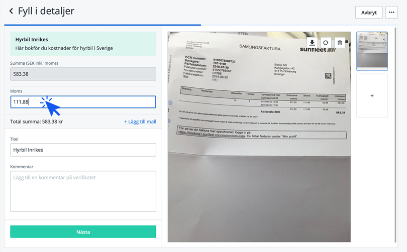 Välj bokföringsmallen Hyrbil inrikes och fyll i moms