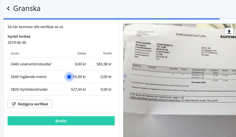 Moms på bokföring av hyrbil inrikes
