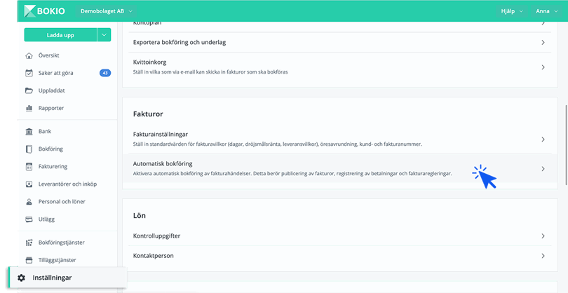 Gå till Automatisk bokföring inne på Inställningar