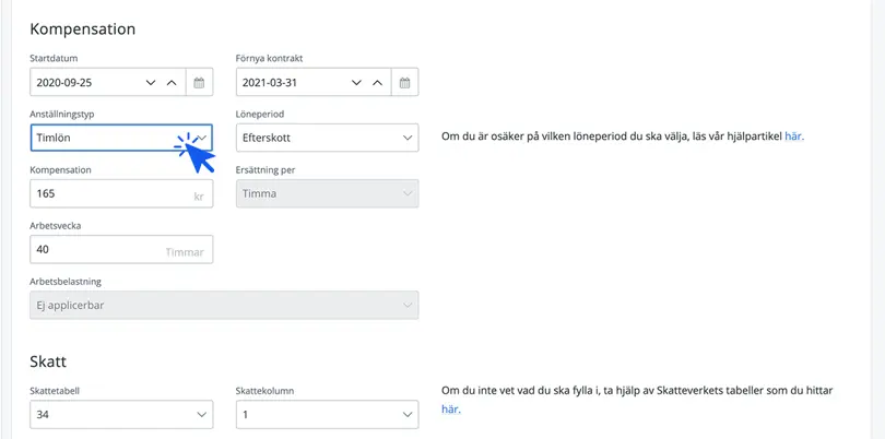 Välj timlön på anställningstyp
