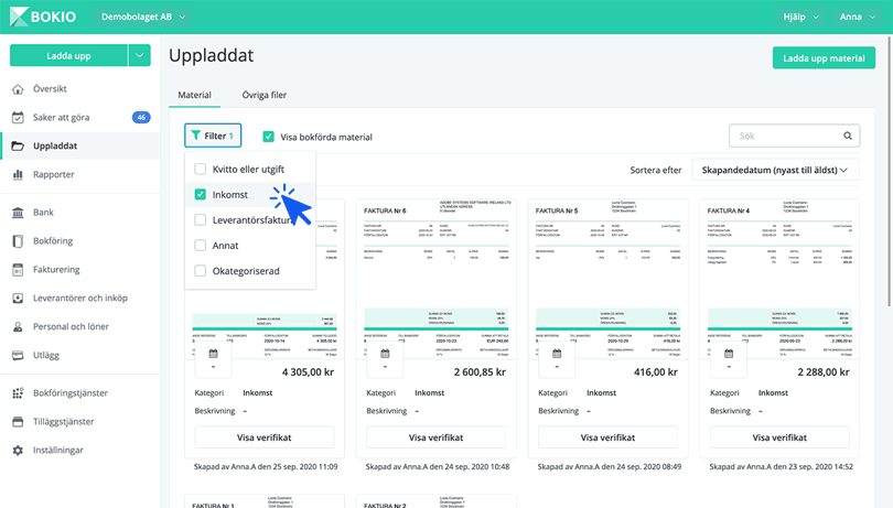 Klicka på Filter och välj att filtrera på till exempel kvitto eller utgift eller inkomst