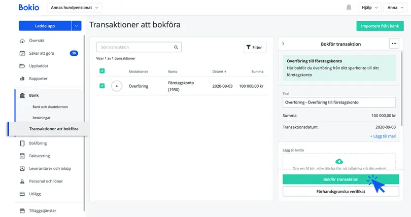 Bokför insättning från sparkonto till Bokio Företagskonto