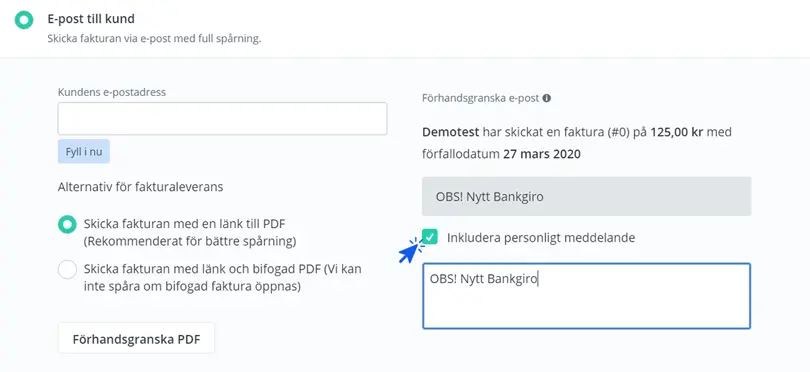 Pil på inkludera personligt meddelande
