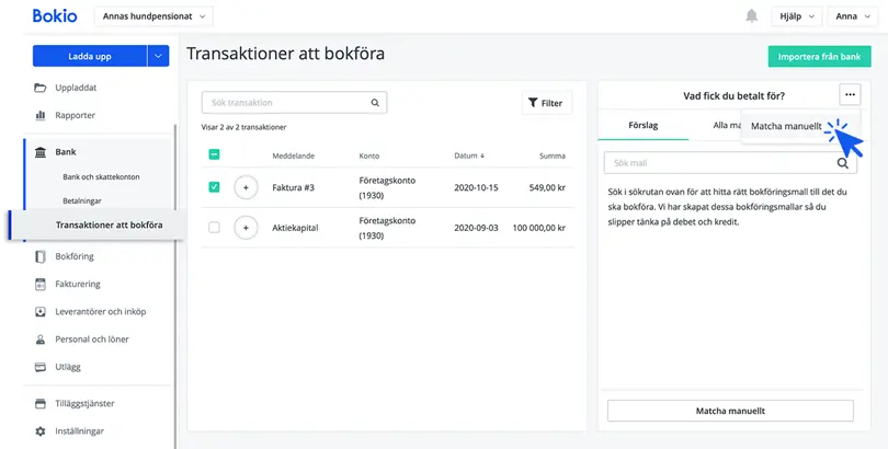 Matcha transaktion från Bokio Företagskonto manuellt