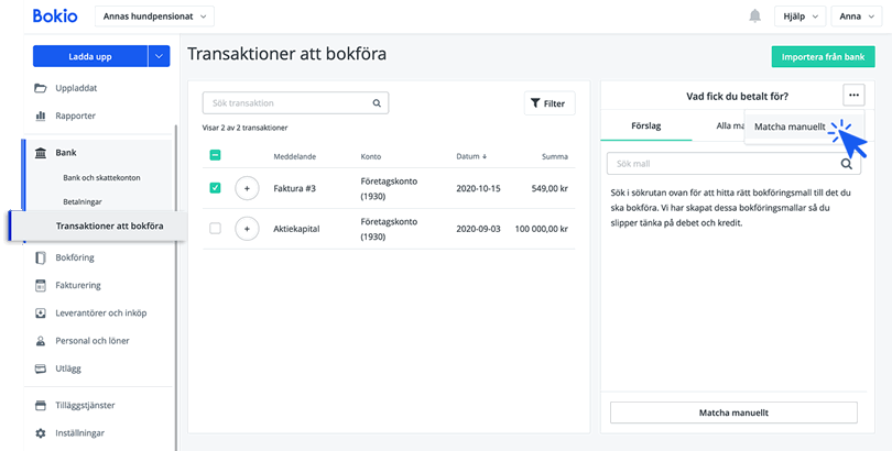 Matcha transaktion från Bokio Företagskonto manuellt