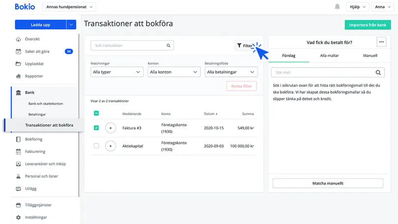 Filtrera transaktioner att bokföra