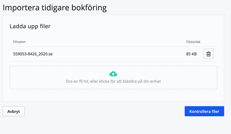 Filer som ska kontrolleras och laddas upp