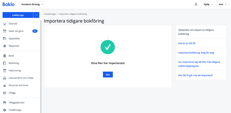 Dina bokföringsfiler har importerats!