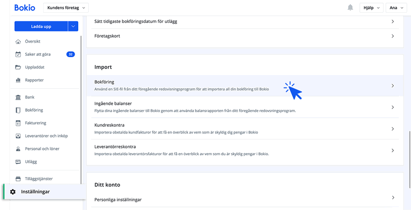 Gå till importera bokföring under inställningar