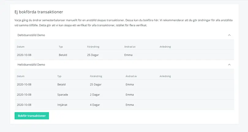 Ej bokförda transaktioner semester