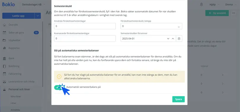 Aktivera semesterbalans på den anställde