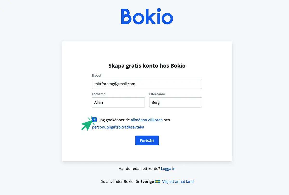 Fyll i e-post, namn och godkänn de allmänna villkoren och personuppgiftsbiträdesavtalet