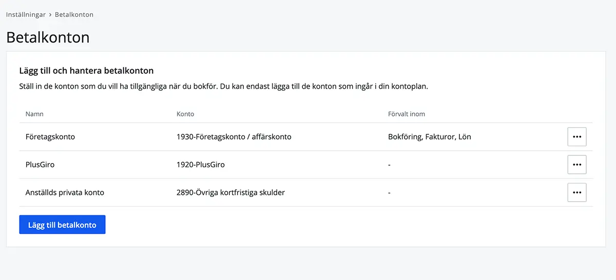 Betalkonton inne på inställningar