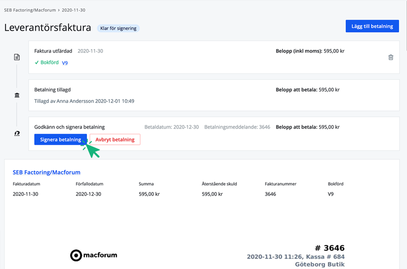Signera betalning av leverantörsfaktura