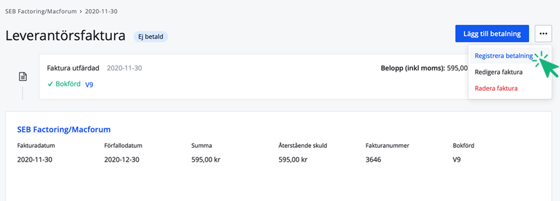 Registrera och bokför betalning med annat konto
