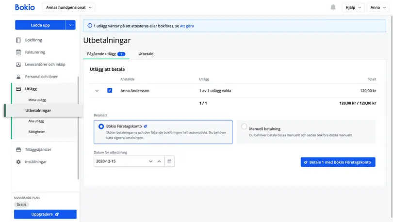 Gör utbetalning av utlägg med Bokio Företagskonto