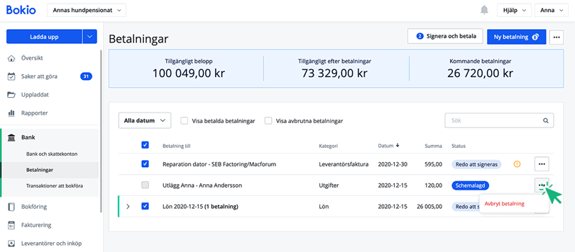 Avbryt signerad utbetalning