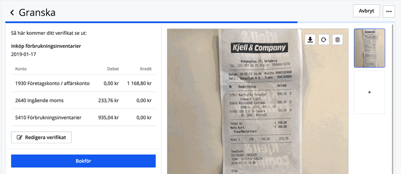 Granska verifikatet och klicka på Bokför