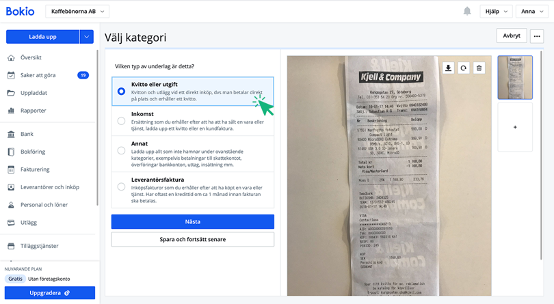 Välj kateori kvitto eller utgift