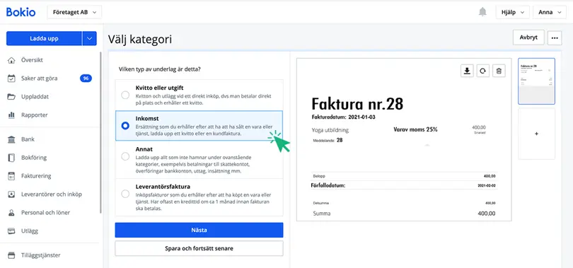 Välj kategorin Inkomst