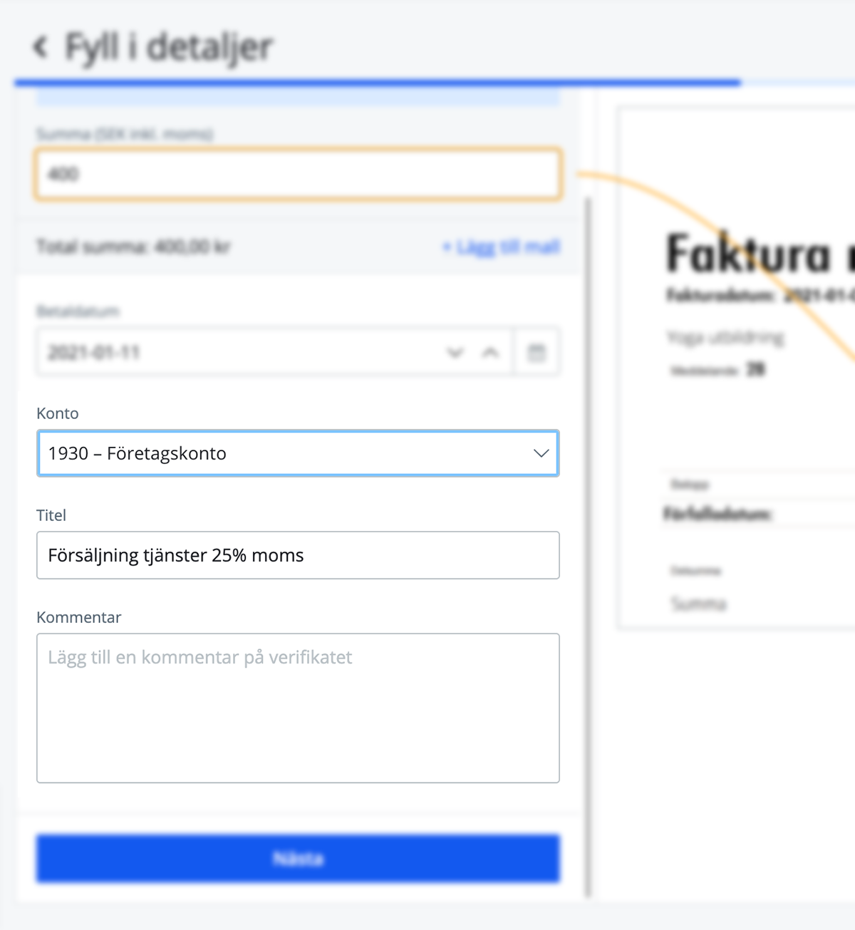 Välj betalkonto, titel och lägg till kommentar