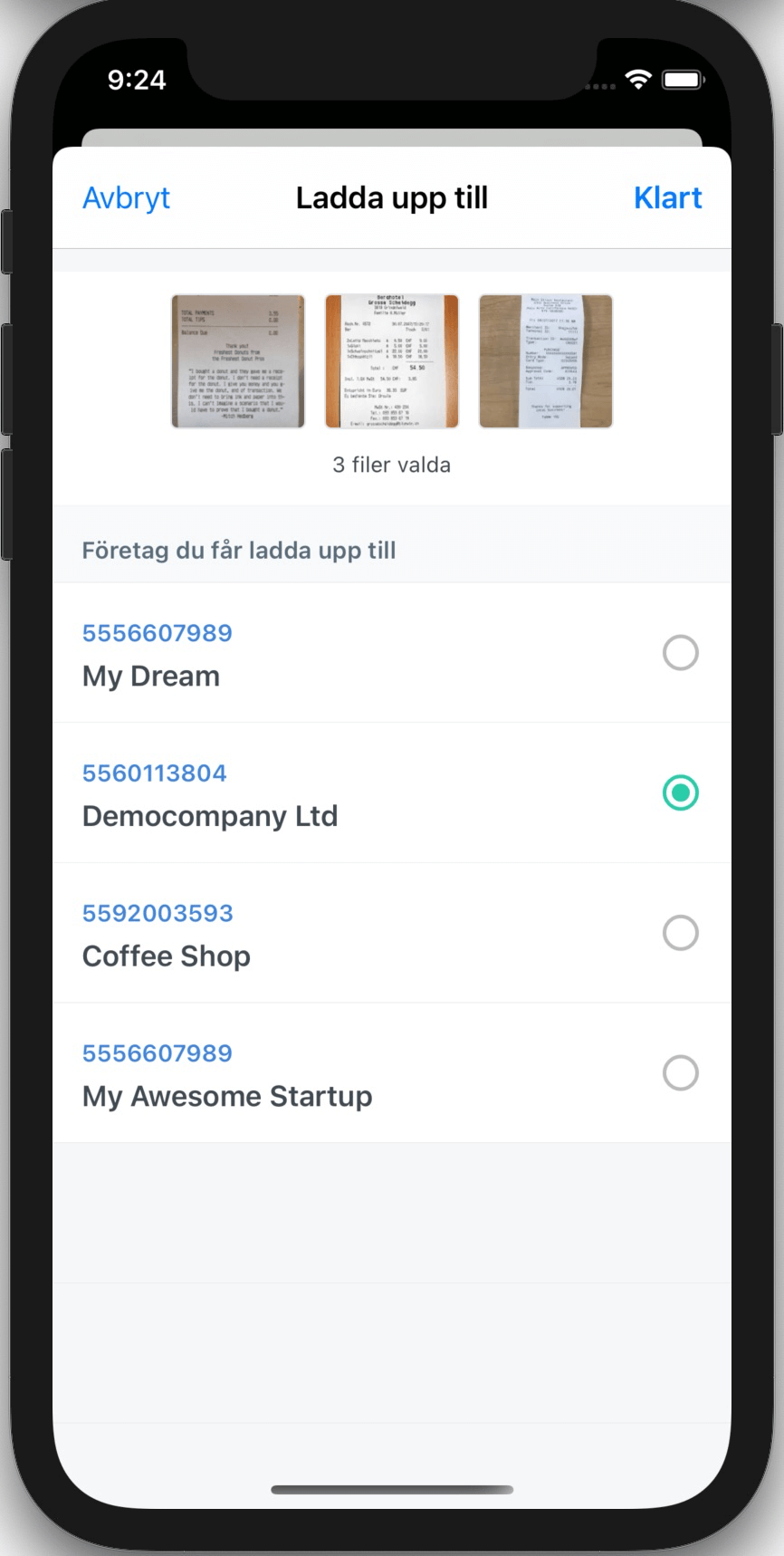 Välj vilket företag du vill ladda upp till