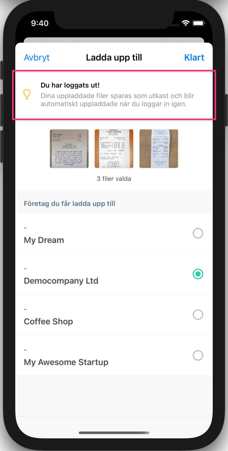 Sparade underlag som kommer att laddas upp nästa gång du loggar in