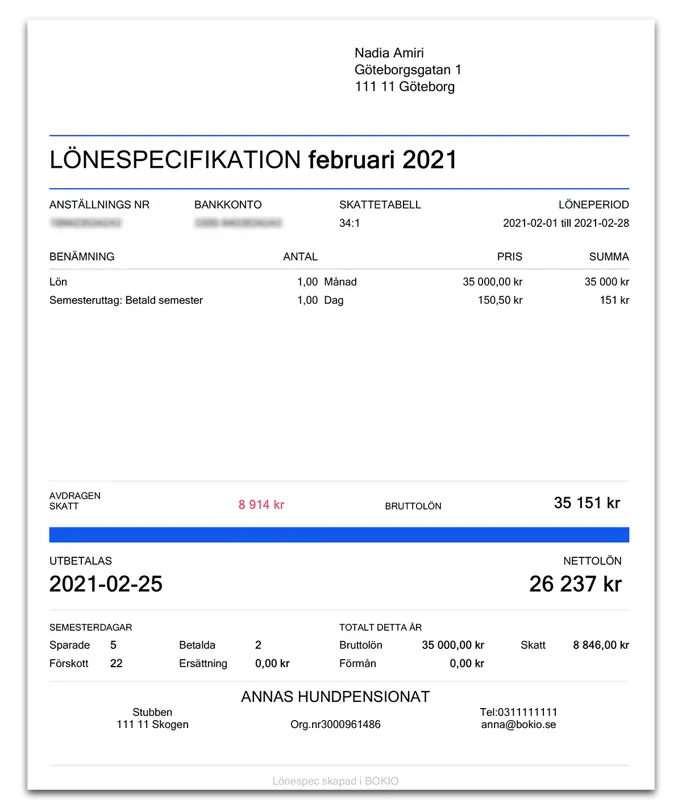 Exempel på lönespecifikation