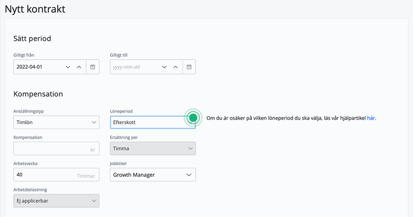 Välj efterskottslön som löneperiod