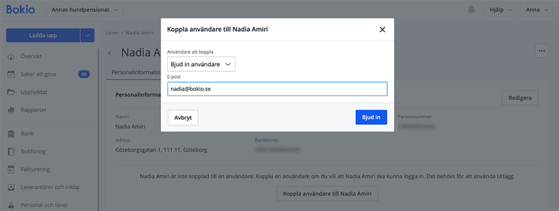 Fyll i e-postadress och klicka på Bjud in
