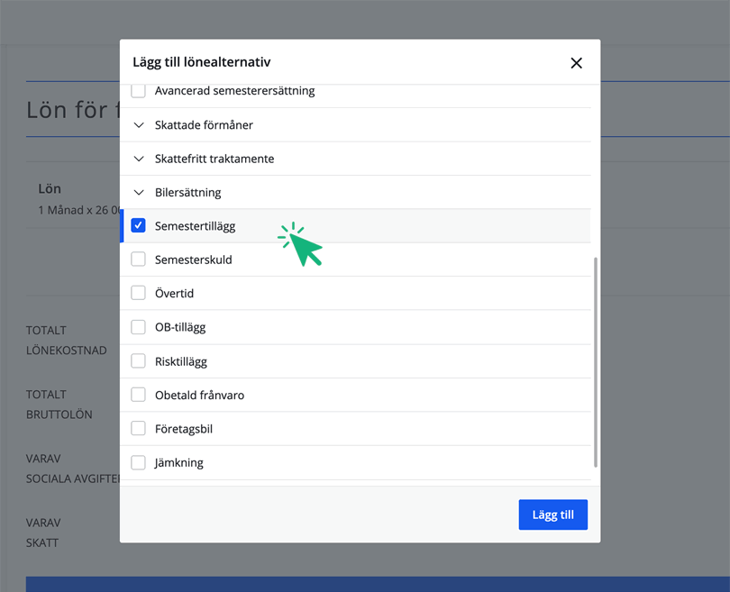 Välj löneraden semestertillägg